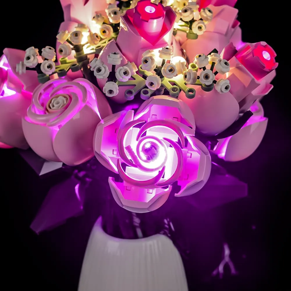 Lightailing LEDs installed in LEGO pink roses with visible wires
