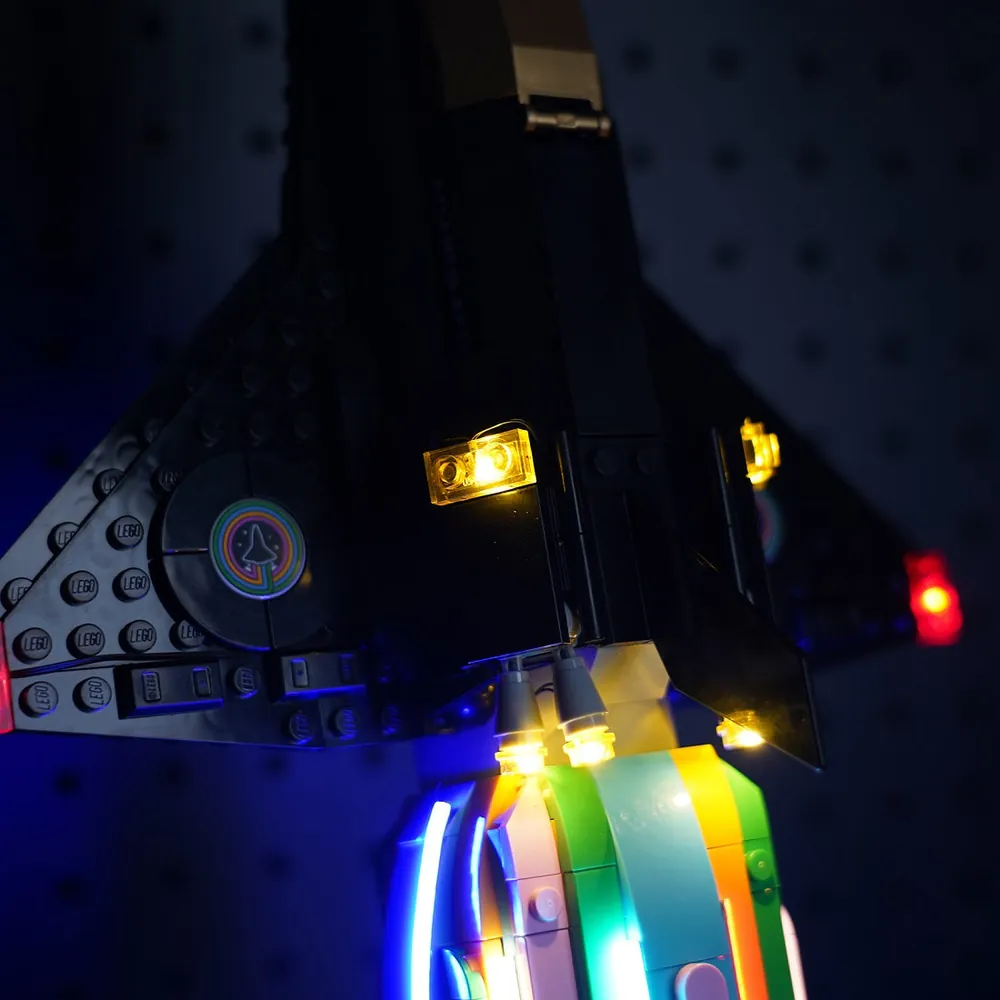 Close-up of BrickBling modular micro-LEDs on LEGO Over the Moon rocket trail