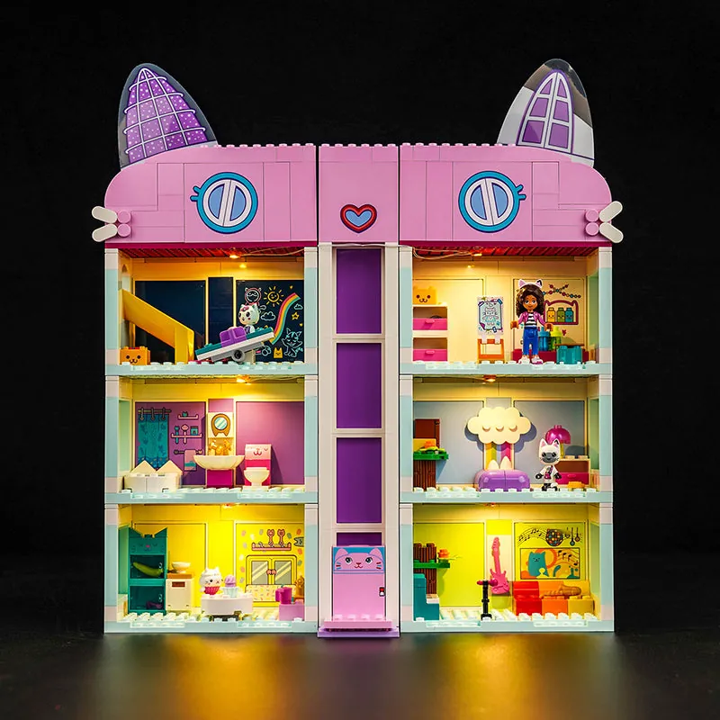 BrickBling LED kit illuminating LEGO Gabby's Dollhouse 10788 art room and slide