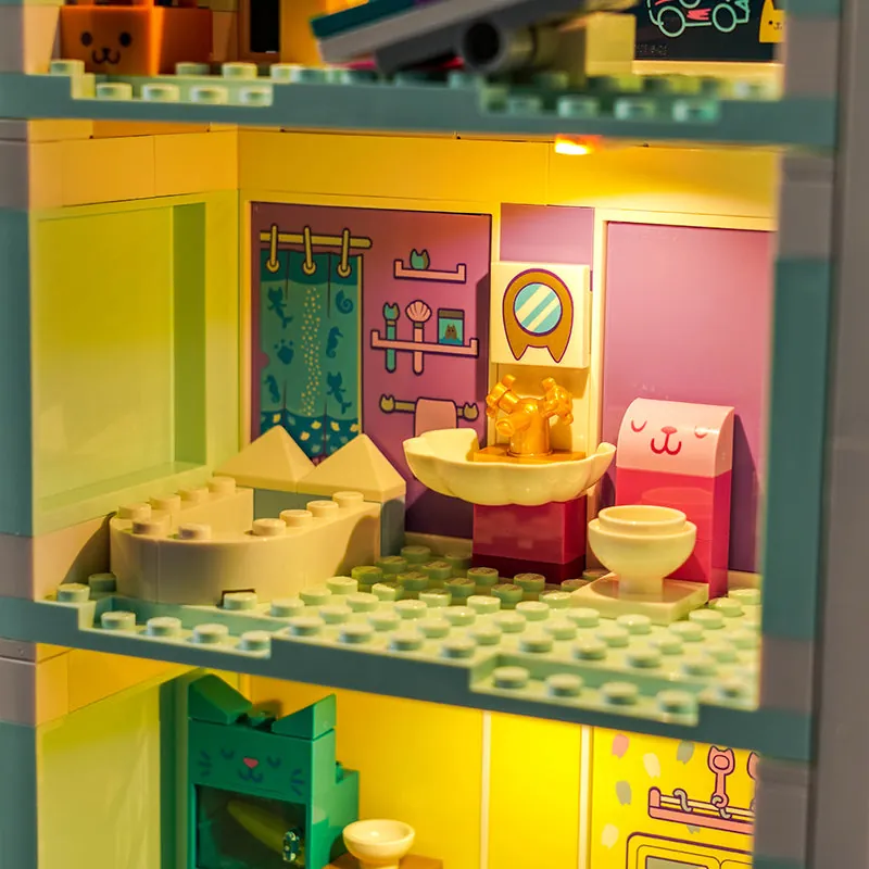 Close-up of BrickBling modular micro-LED wiring on Gabby's Dollhouse 10788