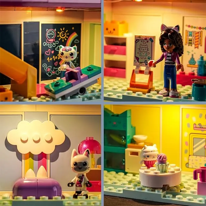 Gabby's Dollhouse 10788 lit with BrickBling kit in a dark room
