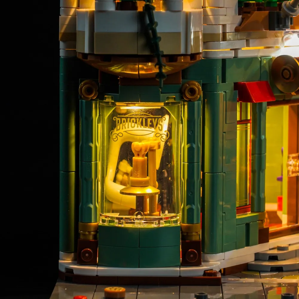 BrickBling LED kit installed on LEGO Shopping Street showcasing modular micro-LEDs in windows