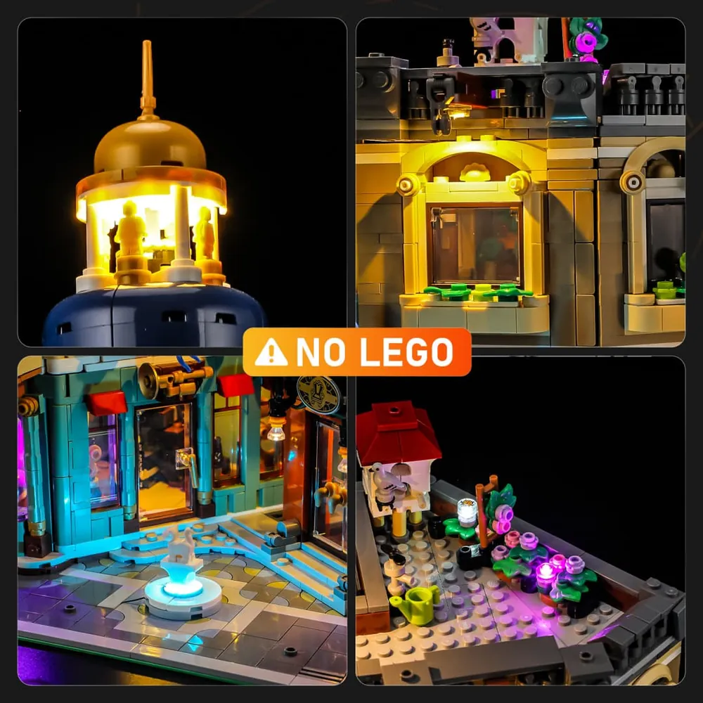 Lightailing LED kit lighting up the LEGO Shopping Street facade