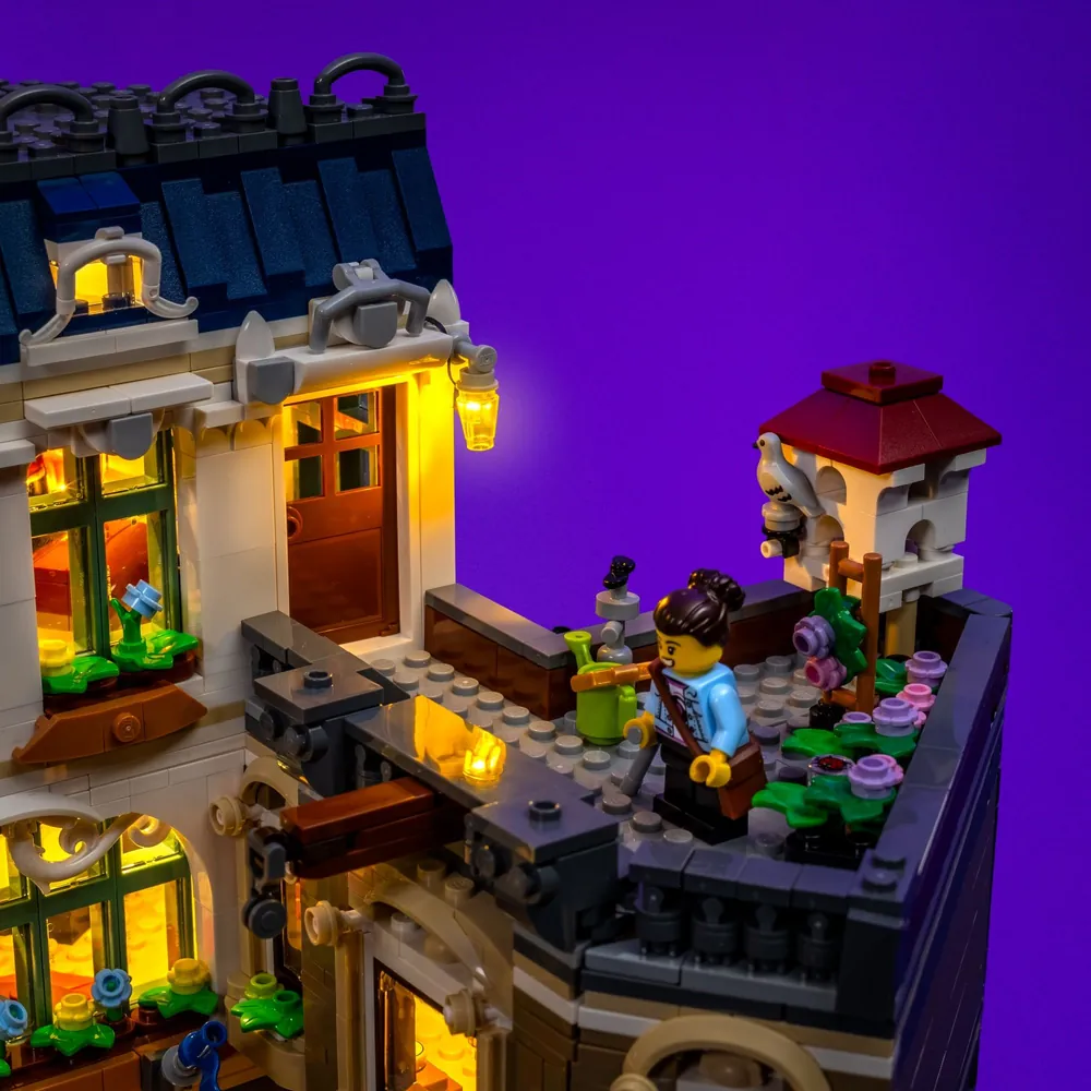 Close-up of Light My Bricks LED kit on Shopping Street showing detailed lighting