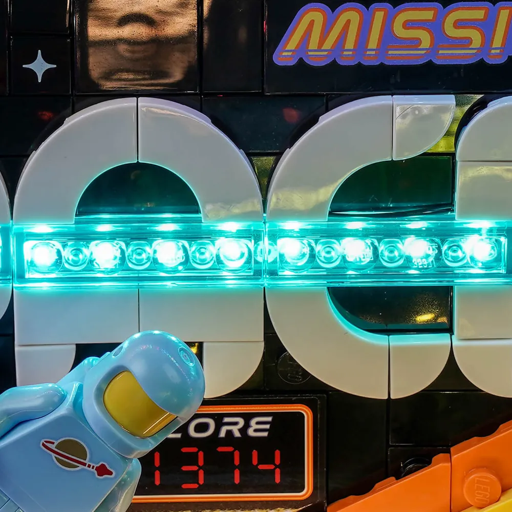 Close-up of BrickBling micro LEDs lighting the pinball playfield