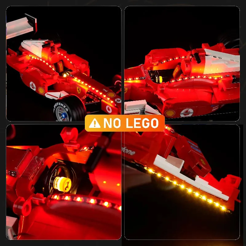 LEGO Ferrari F2004 11375 side profile lit by Lightailing, showing sponsor logos and wheel glow