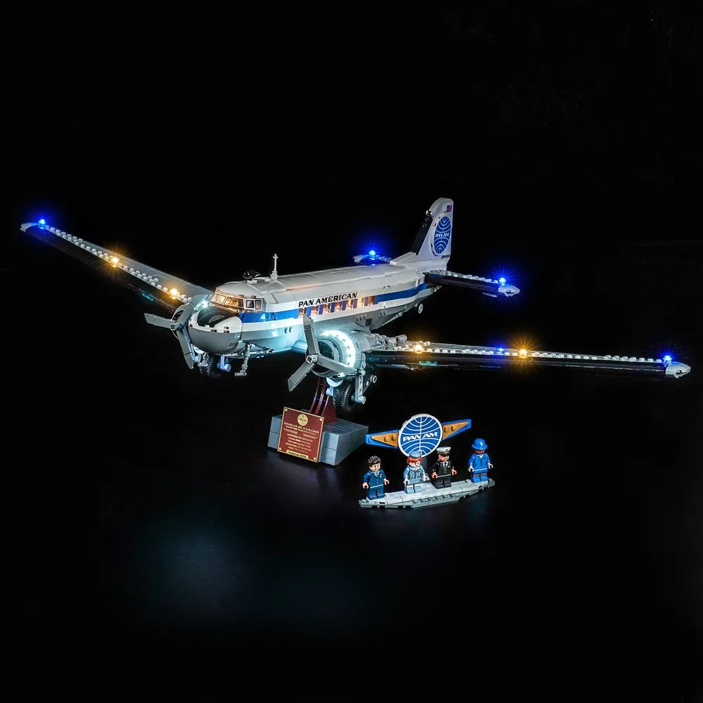 BrickBling LED kit for LEGO DC-3 Pan Am, modular micro-LEDs lighting fuselage and wings
