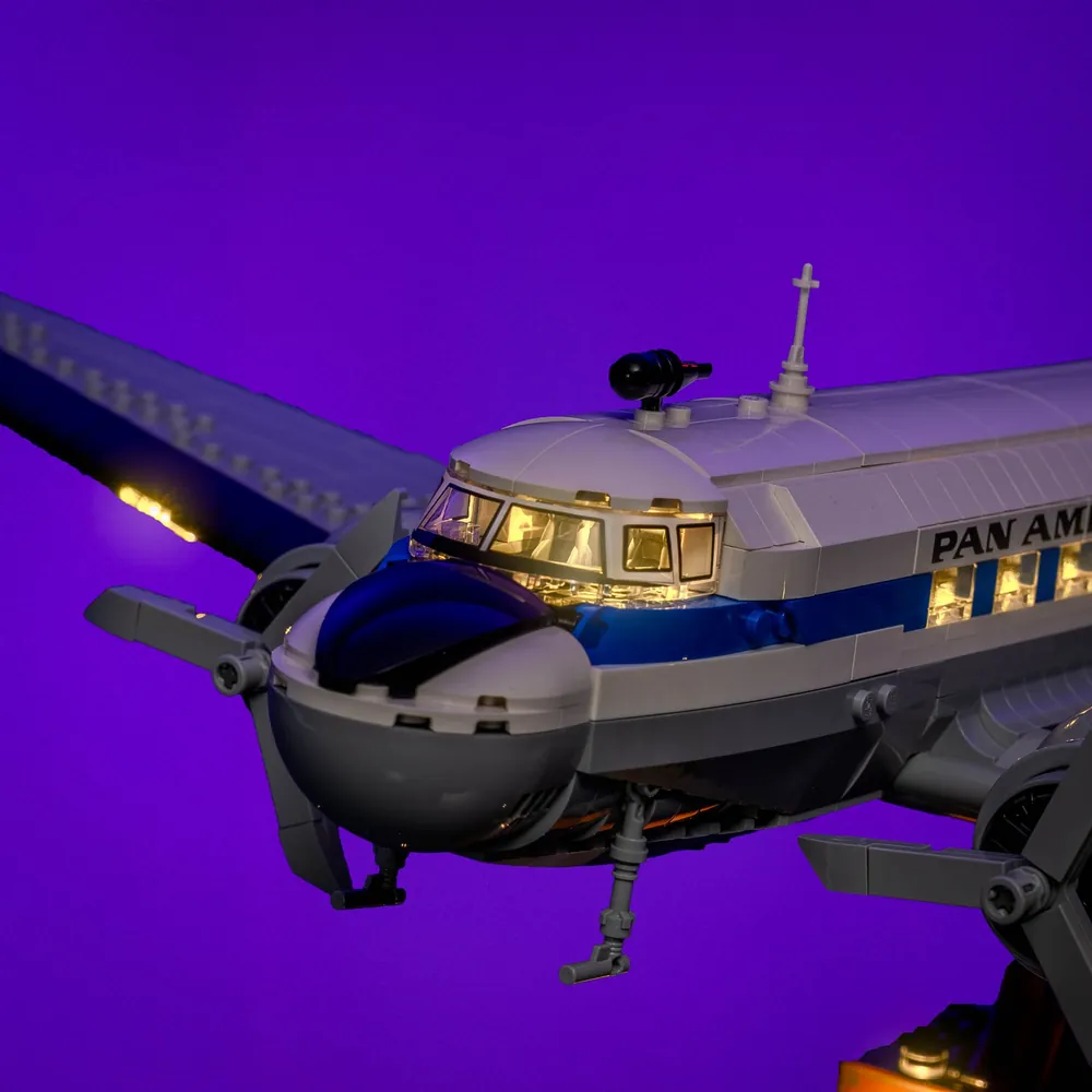 LightMyBricks kit highlighting engines and interior of LEGO DC-3