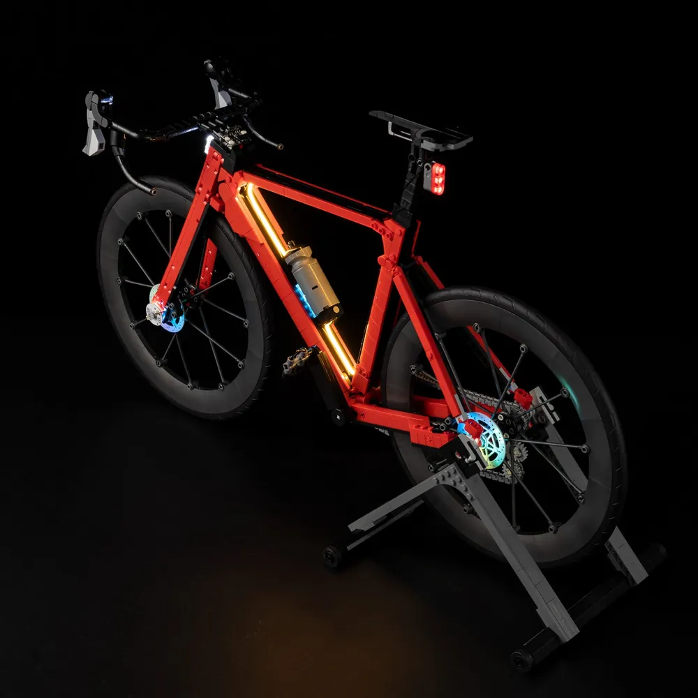Game of Bricks lighting adds glow to LEGO Icons Road Bike display