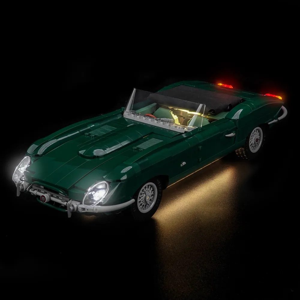 BrickBling LED kit for LEGO Jaguar E-Type 11381 showing headlights and taillights glowing