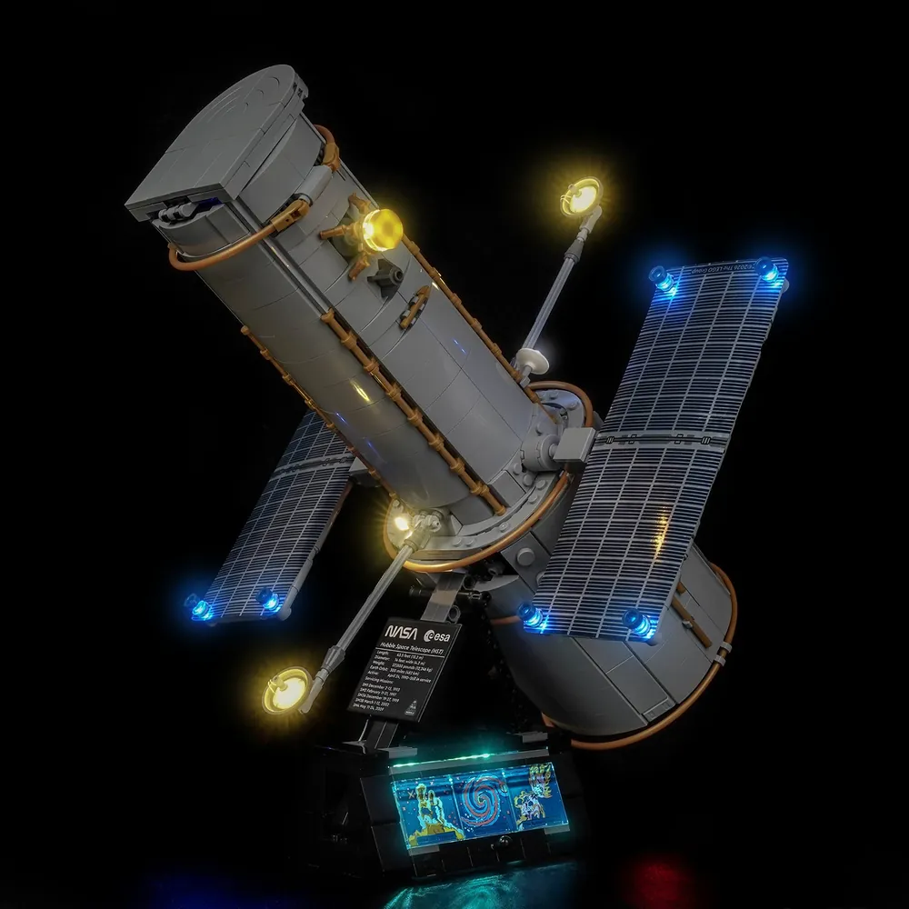 BrickBling LED kit for LEGO Hubble Space Telescope 11382 with micro-LEDs illuminating the solar arrays
