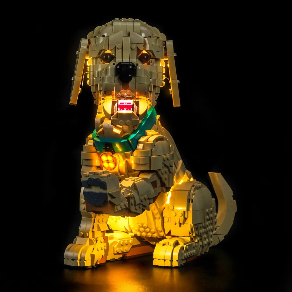 BrickBling LED kit for LEGO Golden Retriever Puppy 11384 lighting up the face and base
