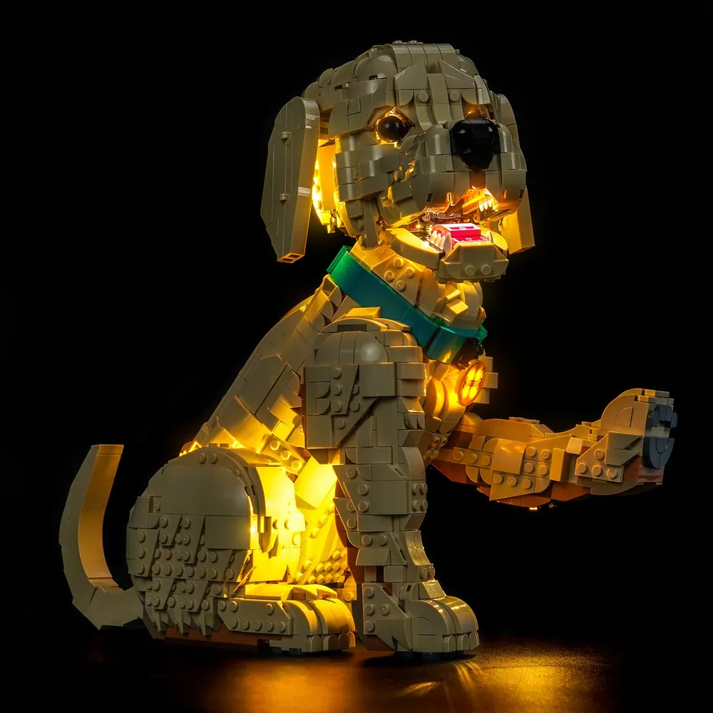 BrickBling kit with puppy on display shelf
