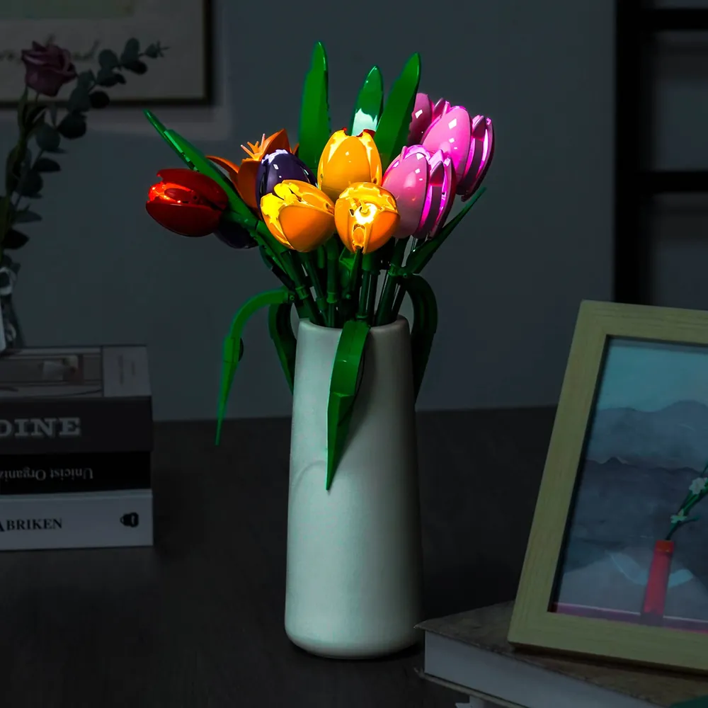 LEGO Tulip Bouquet illuminated by BrickBling lights in a vase