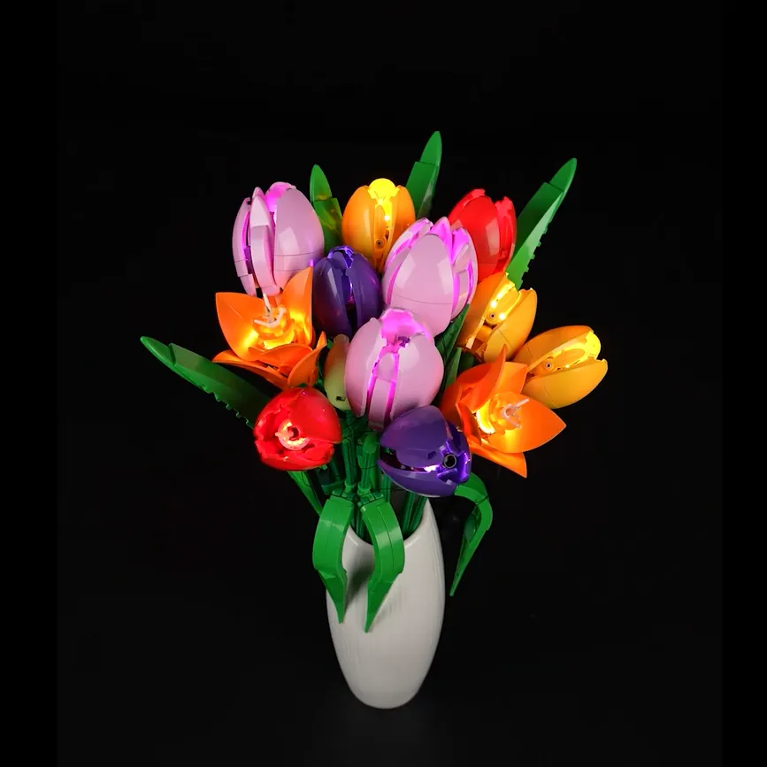 LEGO Tulip Bouquet glowing with Lightailing lights on a shelf