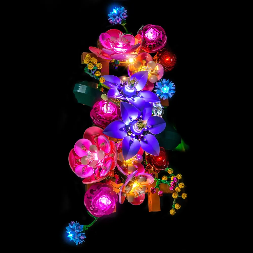 BrickBling LED kit for LEGO Flower Wall 11503 showing illuminated pink and purple blossoms