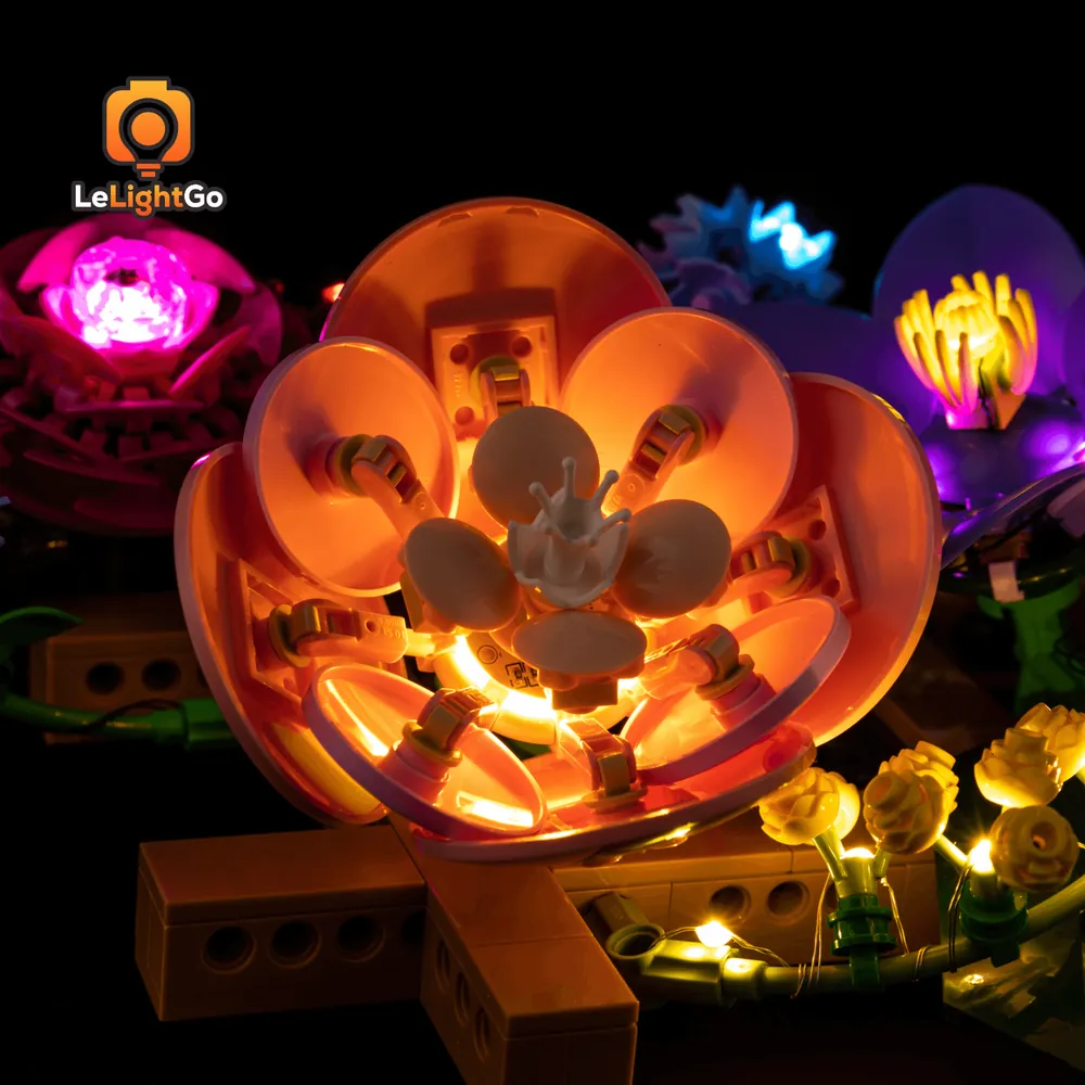 LeLightGo LEDs highlighting the cascading flowers of LEGO Flower Wall