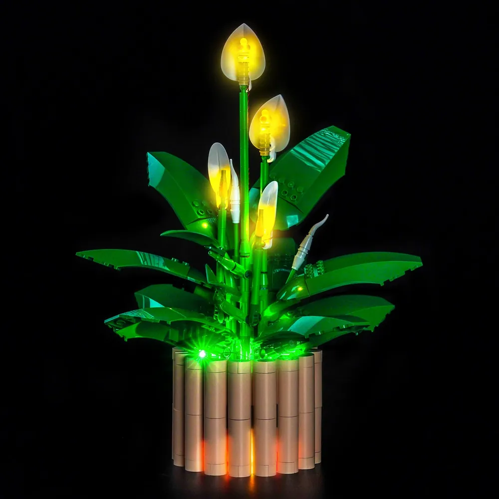 BrickBling Peace Lily LED kit with micro-LEDs illuminating leaves