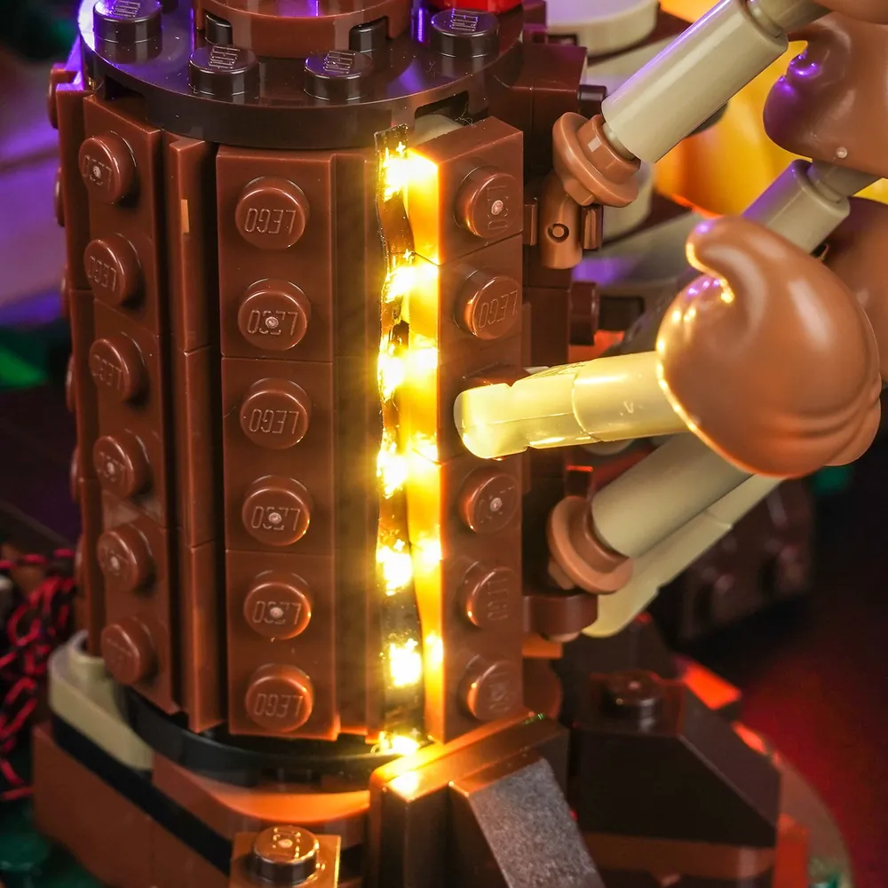 Close-up of micro-LEDs concealed in the foliage of LEGO Woodland Mushrooms set