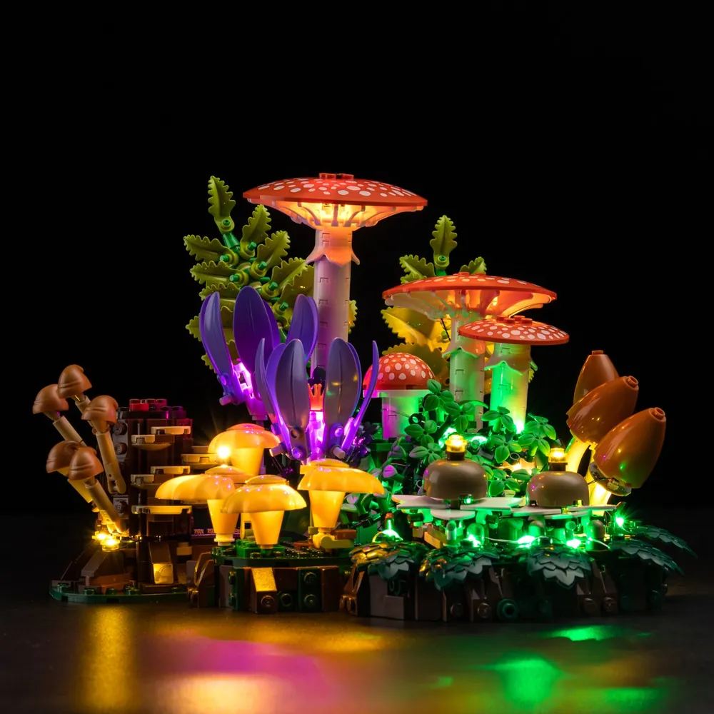 Game of Bricks LED kit illuminating the LEGO Woodland Mushrooms 11505 tree stump