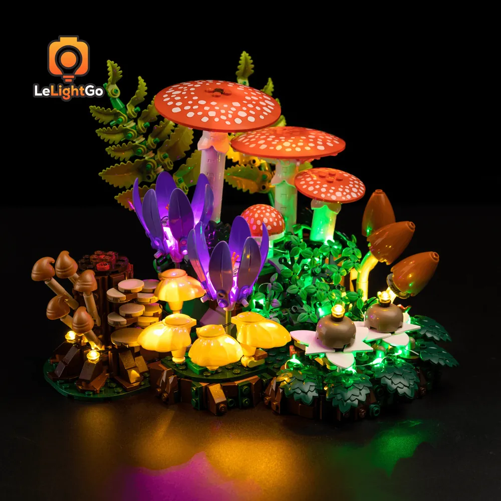 LeLightGo LED kit subtly glowing on the purple crocuses of LEGO Woodland Mushrooms