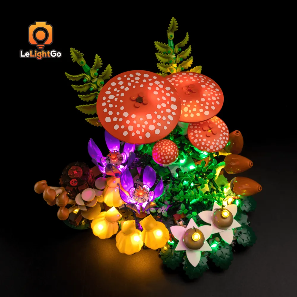 Overall glow effect of LeLightGo kit on LEGO Woodland Mushrooms 11505