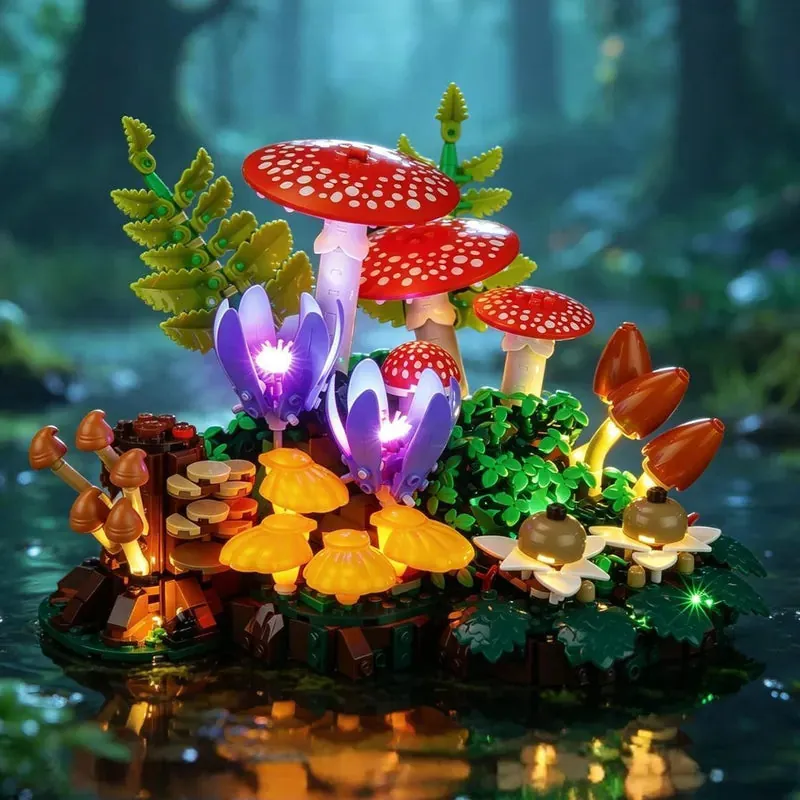 Lightailing LED kit highlighting the white blooms of LEGO Woodland Mushrooms 11505