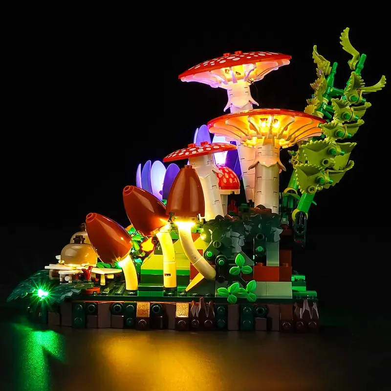 Brightly lit orange mushroom caps with Lightailing kit on LEGO 11505