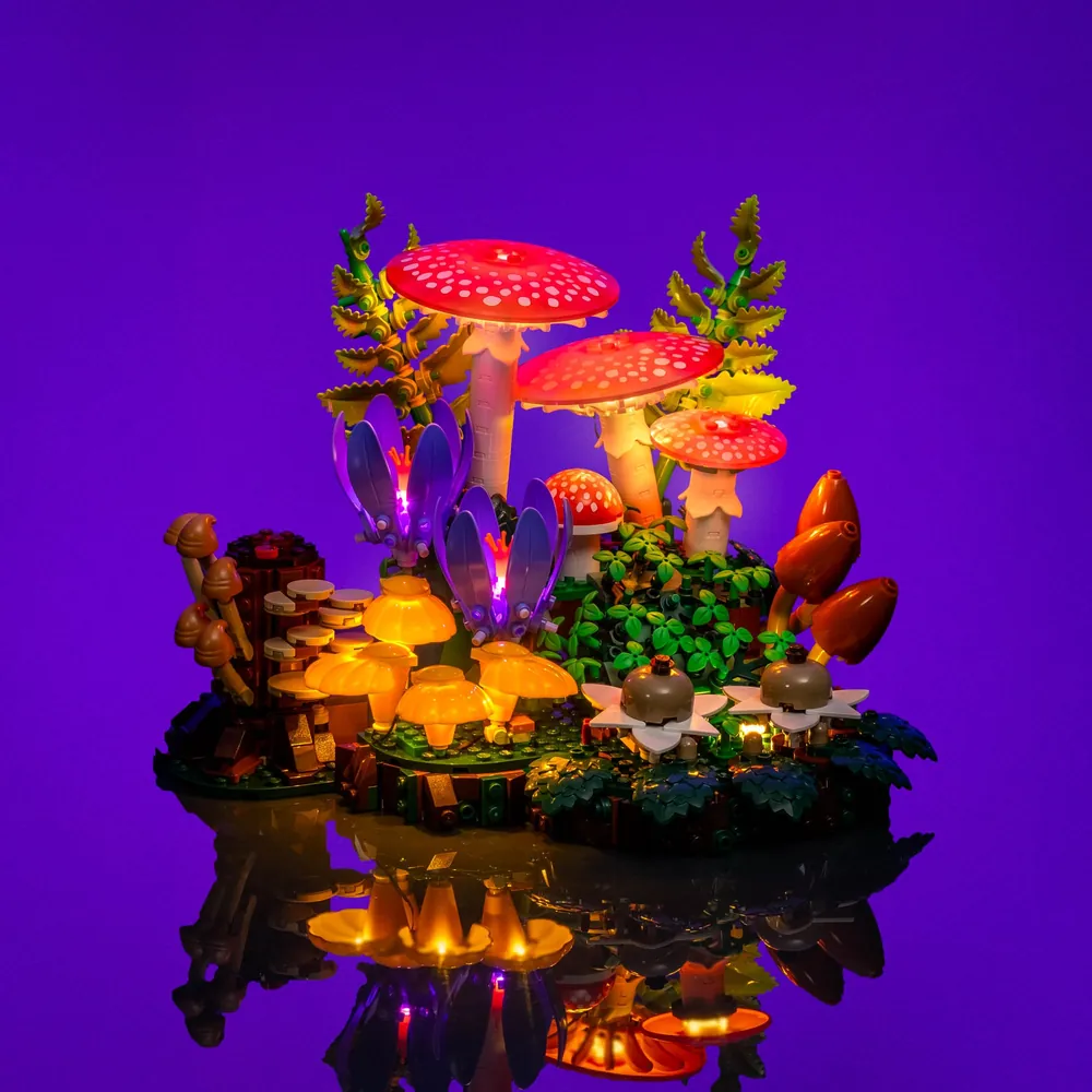LightMyBricks LED kit accenting the tree stump greebling on LEGO Woodland Mushrooms