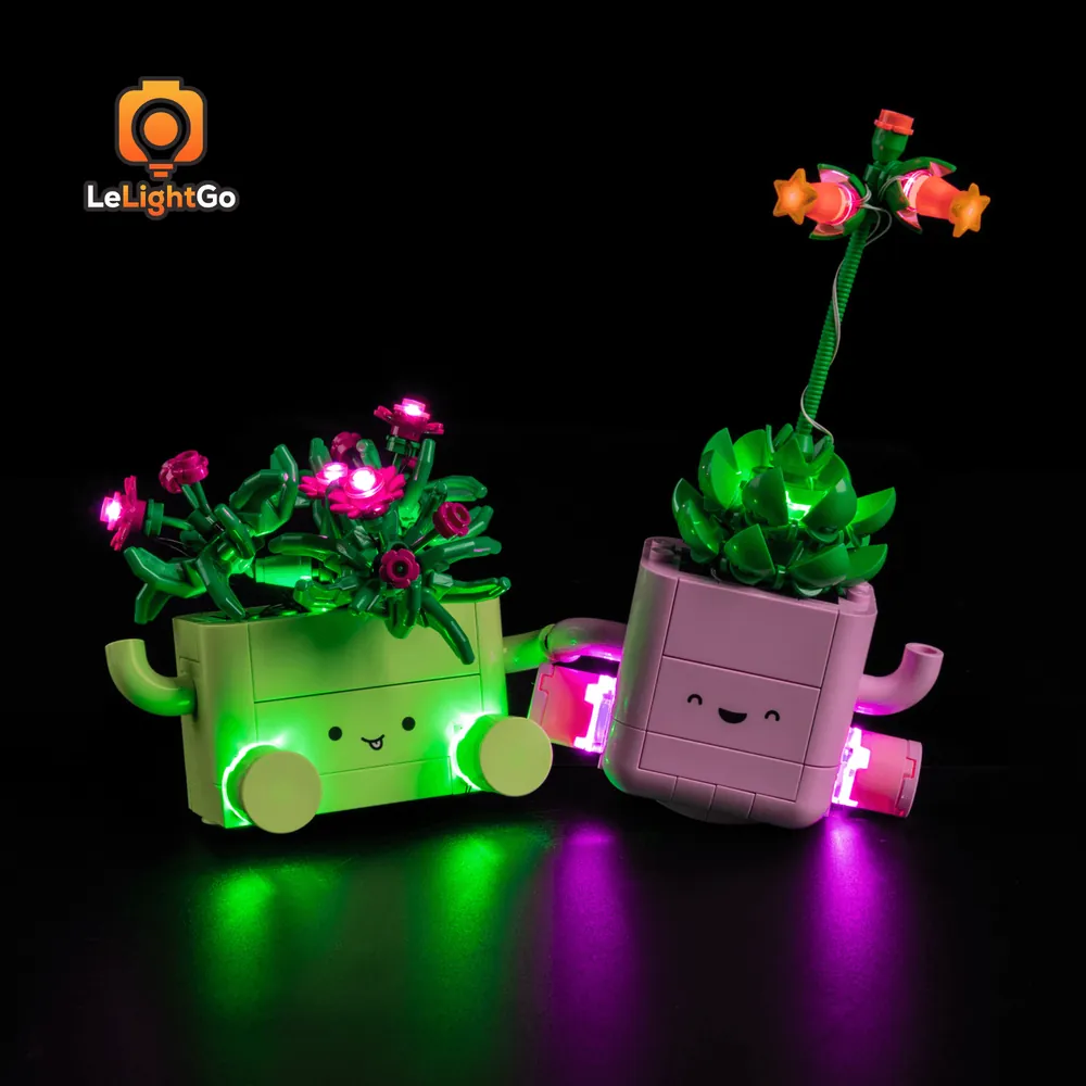 LeLightGo LED kit highlighting the succulent and pink flowers of LEGO Rocking Plants