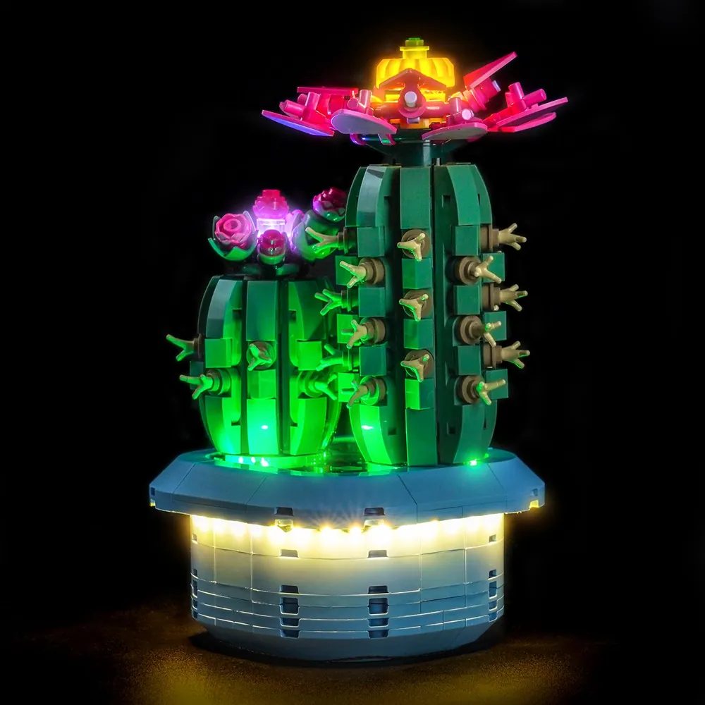 BrickBling LED kit for LEGO Flowering Cactus 11509 showing lit magenta flowers and pot