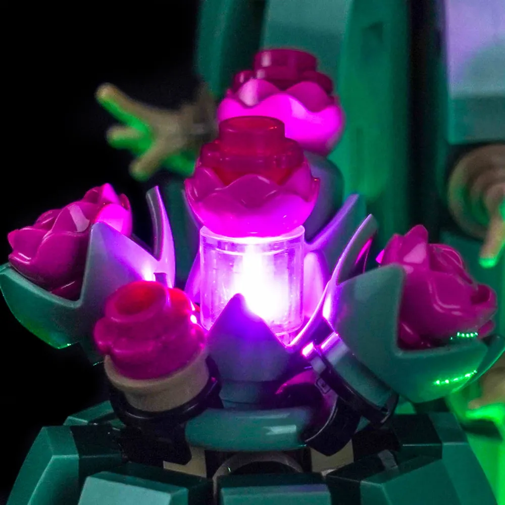 Close-up of BrickBling micro-LEDs on LEGO cactus spines
