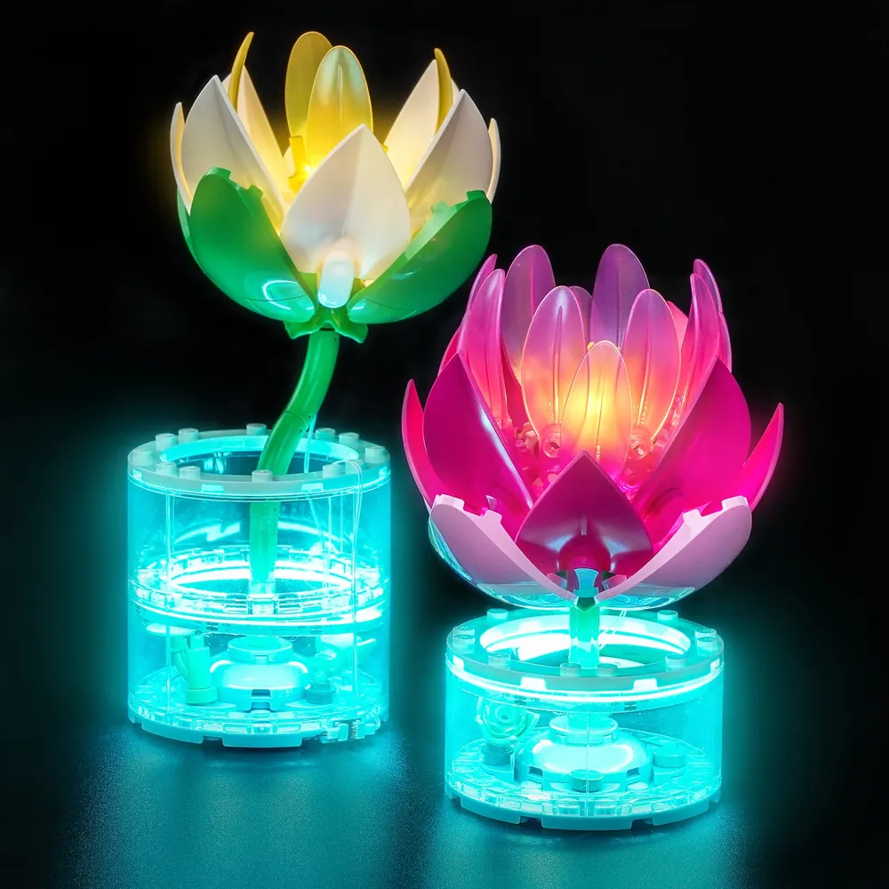 BrickBling LED kit lighting up LEGO Water Lilies 11511 with focused petal glow