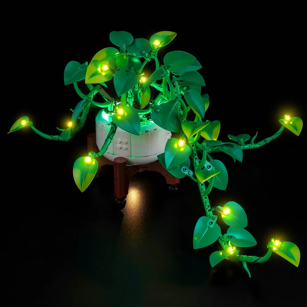BrickBling LED kit for LEGO Golden Pothos with micro LEDs illuminating variegated leaves