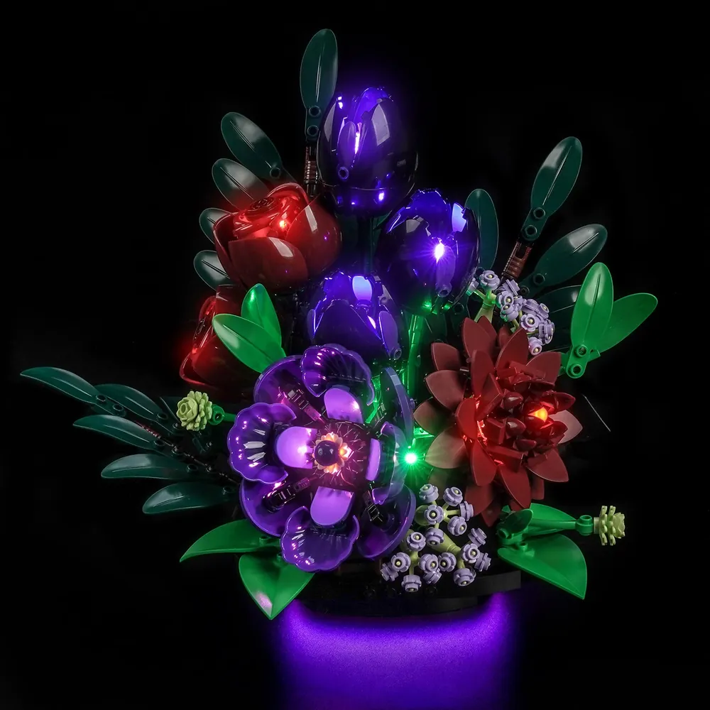BrickBling LED kit for LEGO Dark Flower Arrangement 11513 with micro LEDs brightening the dark red dahlia and purple anemones