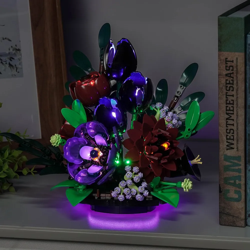 LEGO 11513 Dark Flower Arrangement with BrickBling lights illuminating the full bouquet