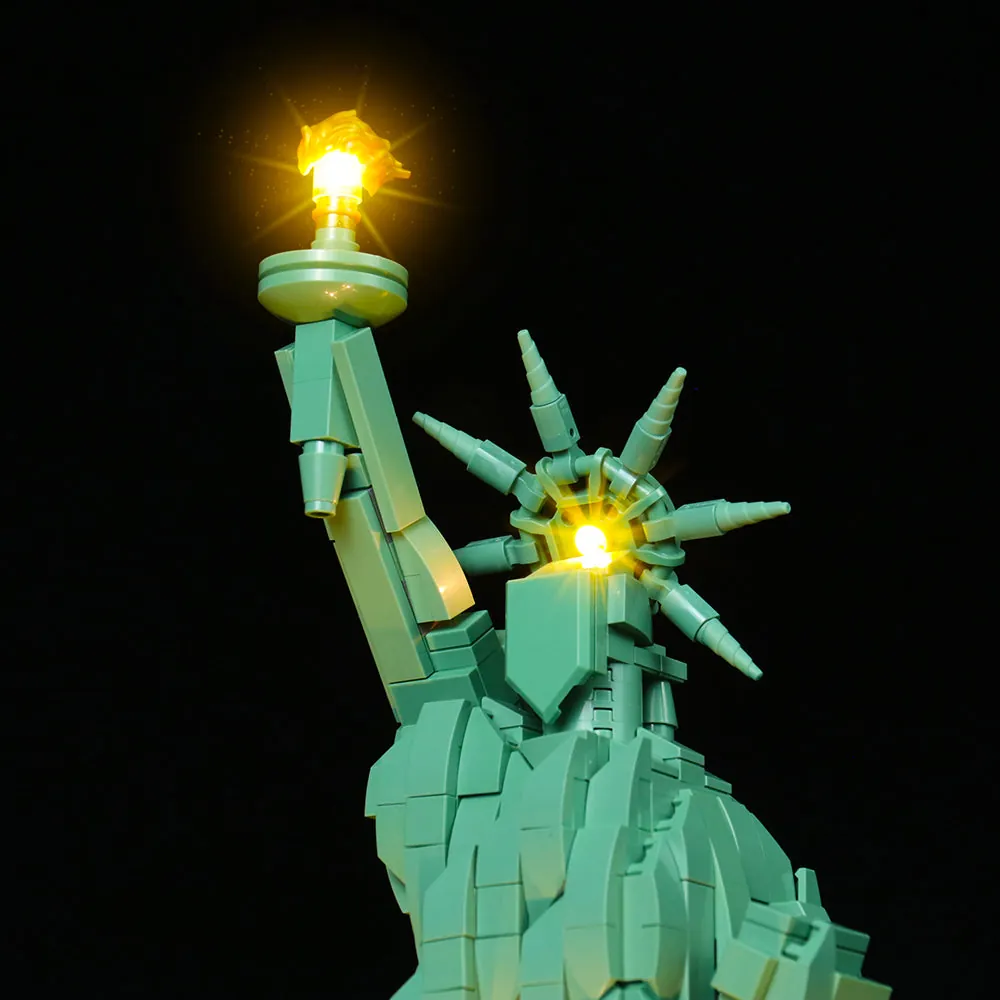 Close-up of BrickBling modular micro LED wires on LEGO 21042 pedestal