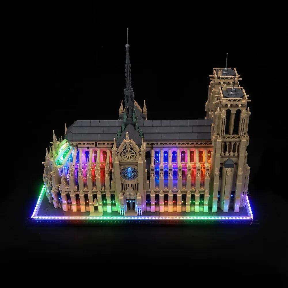 BrickBling RGB light kit for LEGO Trevi Fountain 21062 illuminating the facade in color