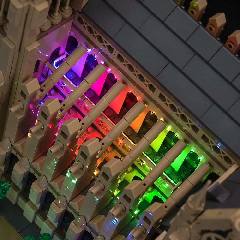 Close-up of BrickBling RGB lights on LEGO Trevi Fountain 21062 water and statues