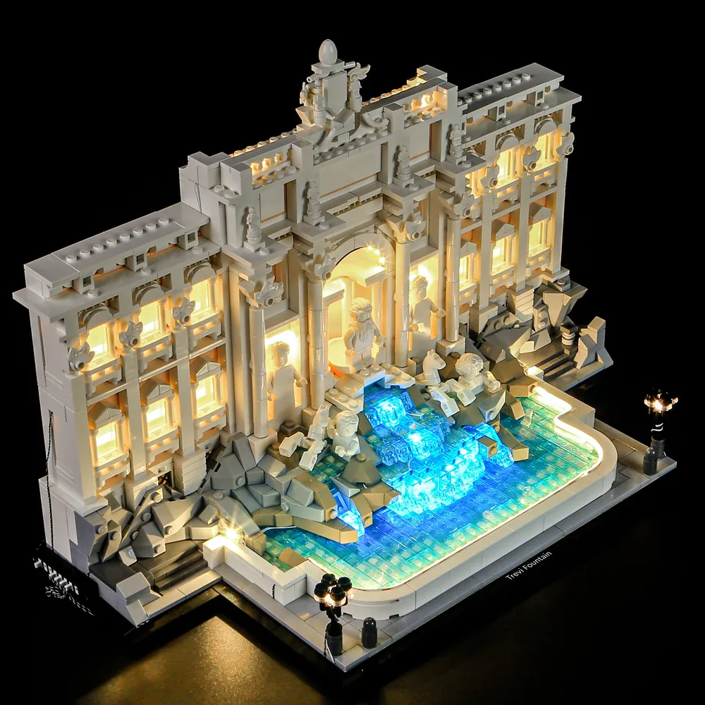 Close-up of Lightailing LED lights on the central statues of LEGO Trevi Fountain