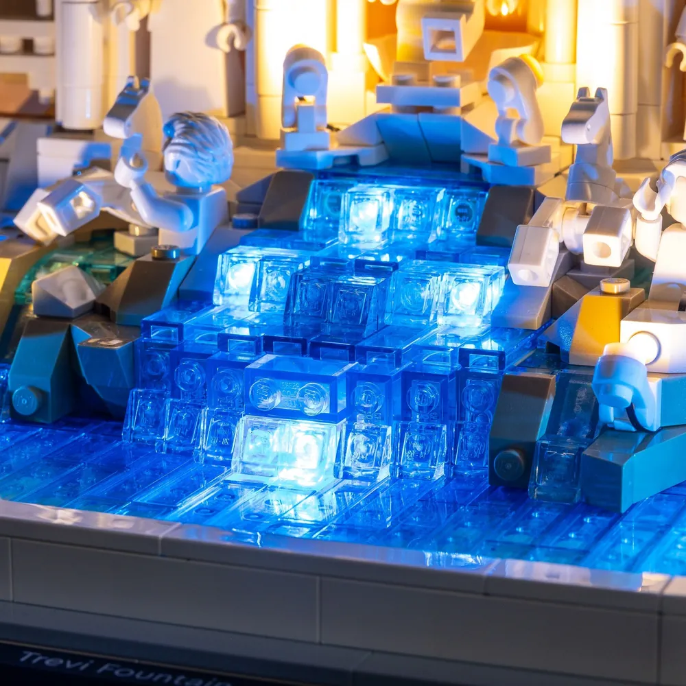 LightMyBricks lights highlighting the architecture of LEGO Trevi Fountain 21062