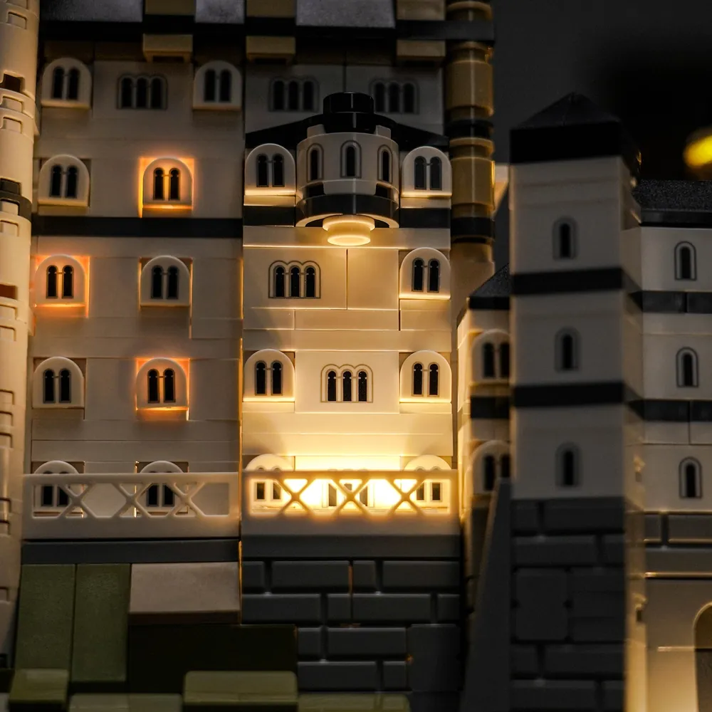 Close-up of BrickBling modular micro-LEDs on castle towers