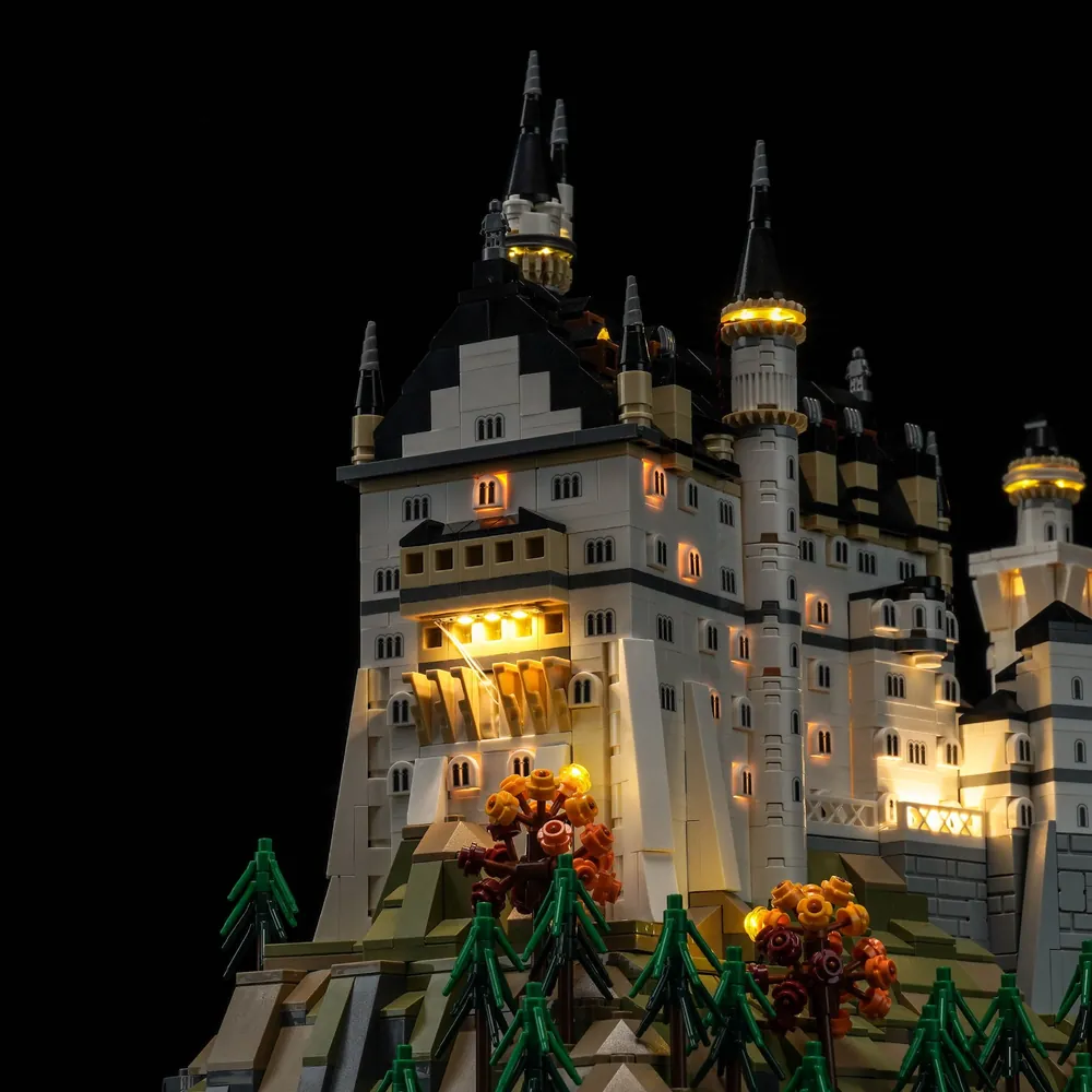 LEGO Neuschwanstein Castle lit by BrickBling in a room