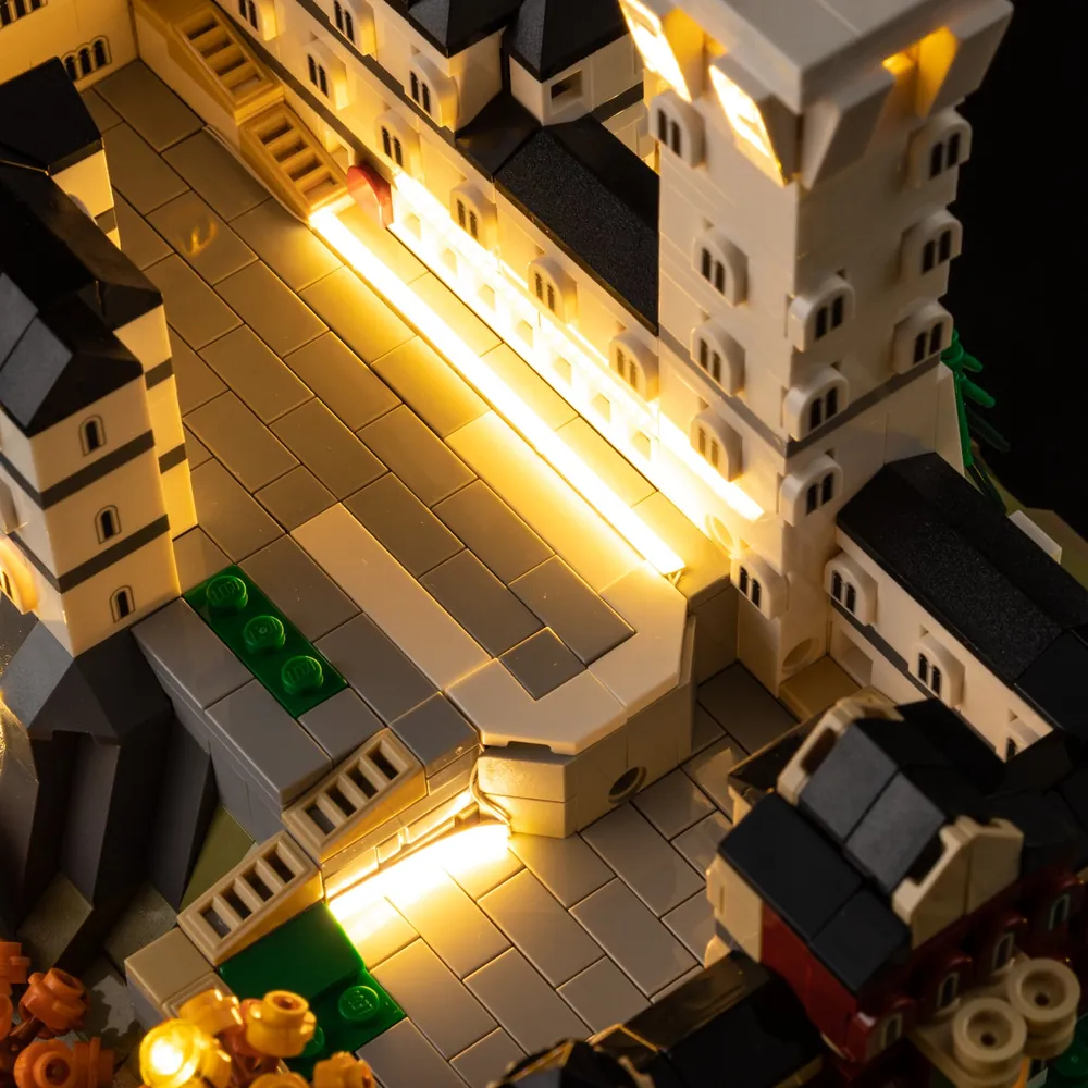 Illuminated LEGO Neuschwanstein Castle with Game of Bricks lights