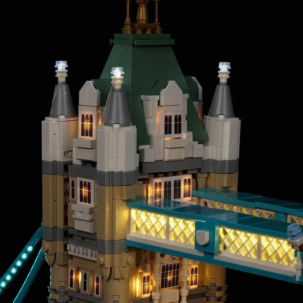 Close-up of BrickBling micro-LEDs on LEGO Tower Bridge towers