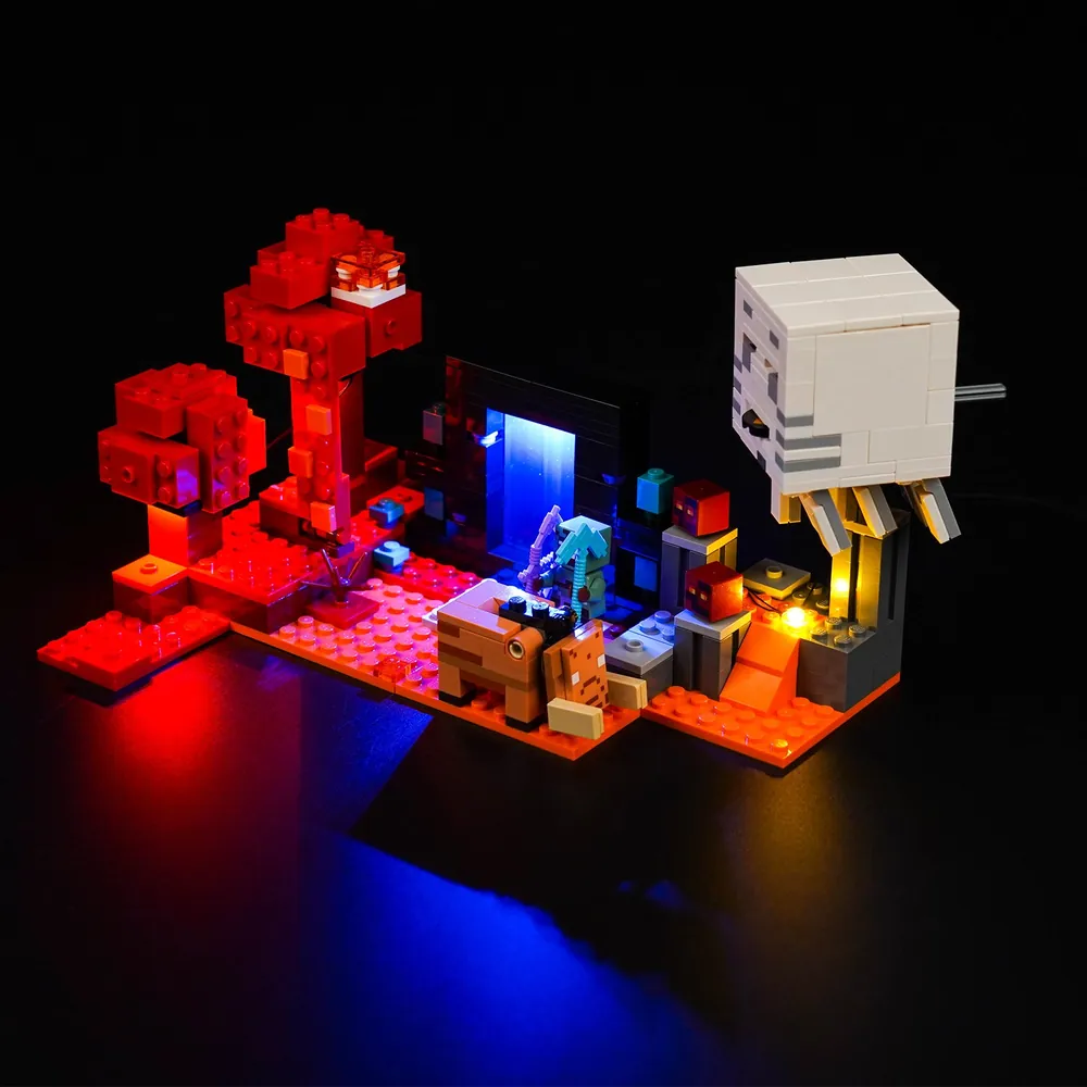 BrickBling LED kit for LEGO Minecraft Nether Portal Ambush showing portal frame illuminated with warm glow