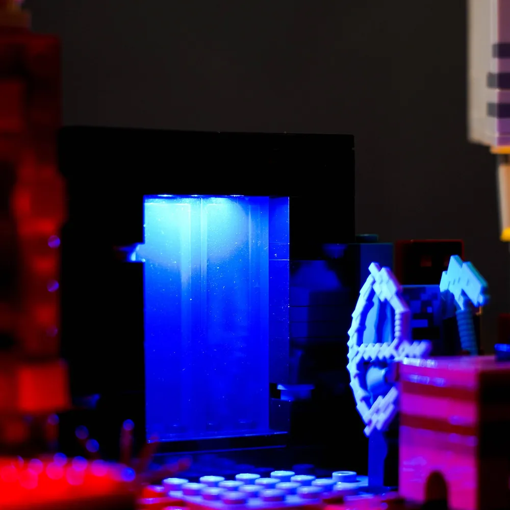 Close-up of modular micro-LEDs on LEGO Nether Portal Ambush frame