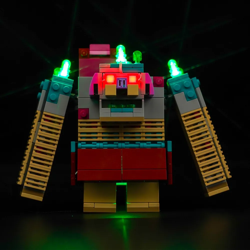 BrickBling LED kit installed on LEGO Minecraft The Devourer Showdown 21257, highlighting the Devourer's magenta and tan details