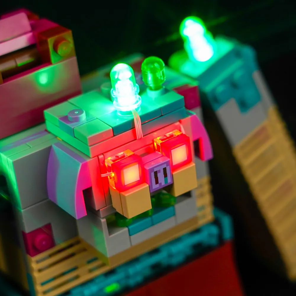 Close-up of BrickBling's modular micro-LEDs on the LEGO Minecraft Devourer set, showing clean wire concealment