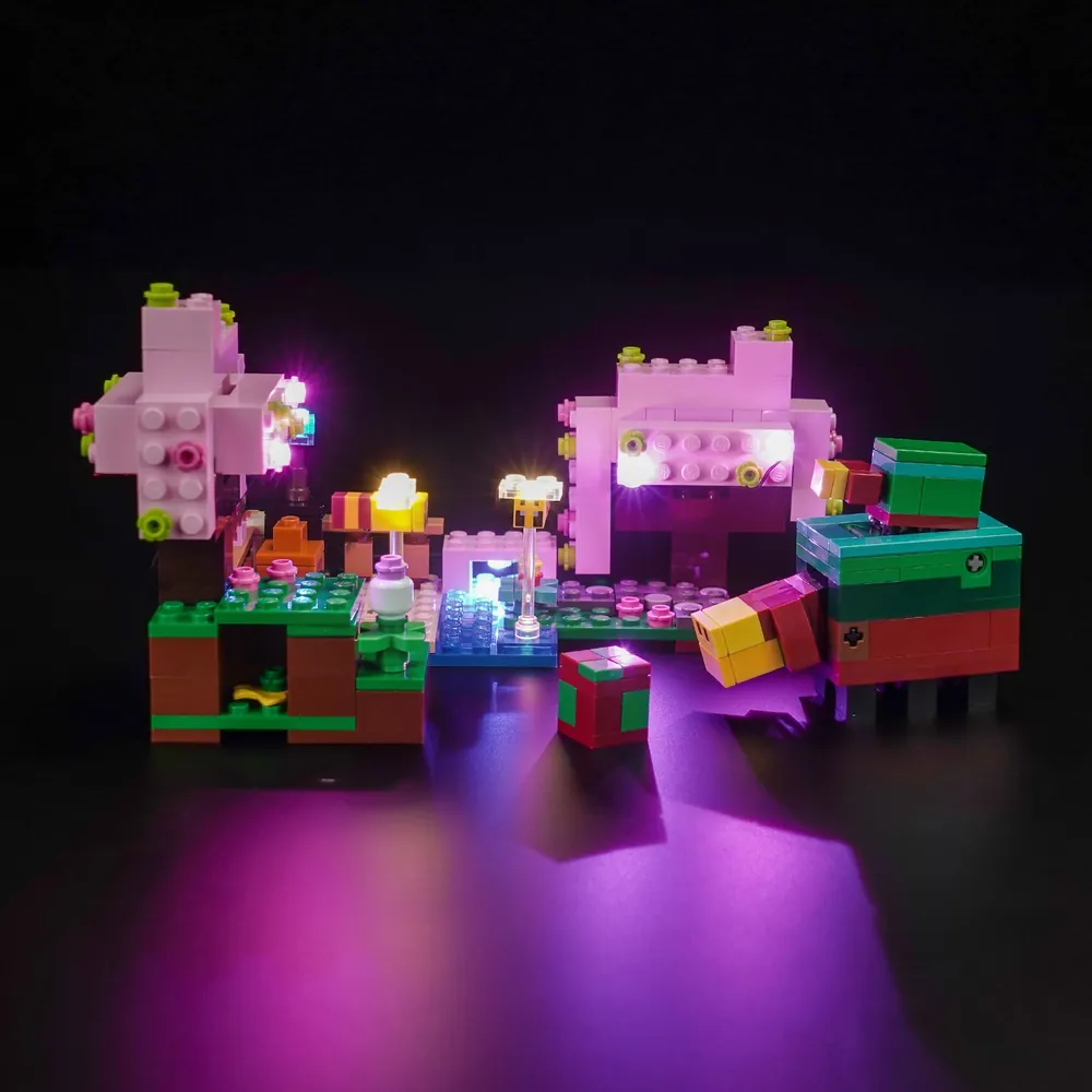 BrickBling LED kit lighting the cherry blossom canopy of LEGO Minecraft 21260